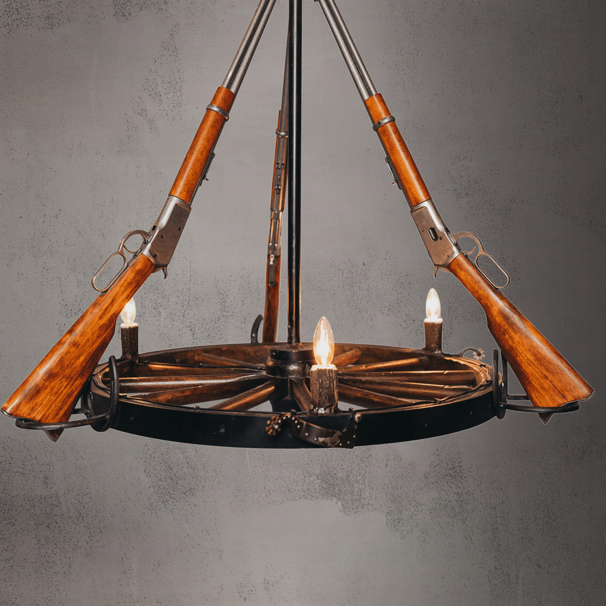 3 Light Wagon Wheel Rifle Chandelier (3 Rifles)